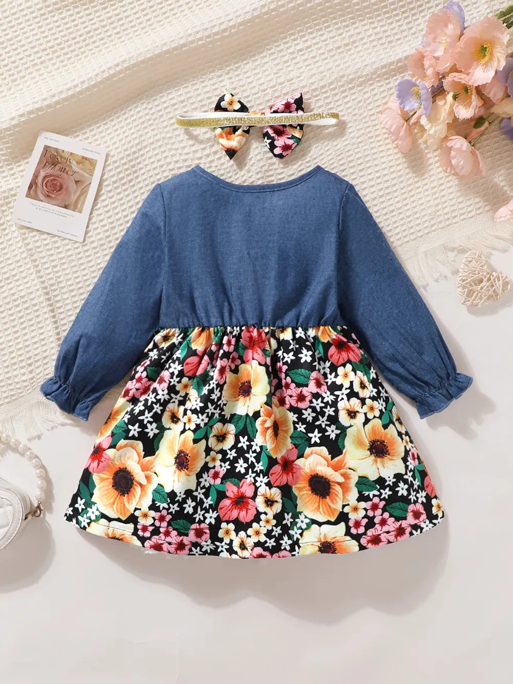 Children's Ruffled Bow Contrast Floral Dress with Headband 