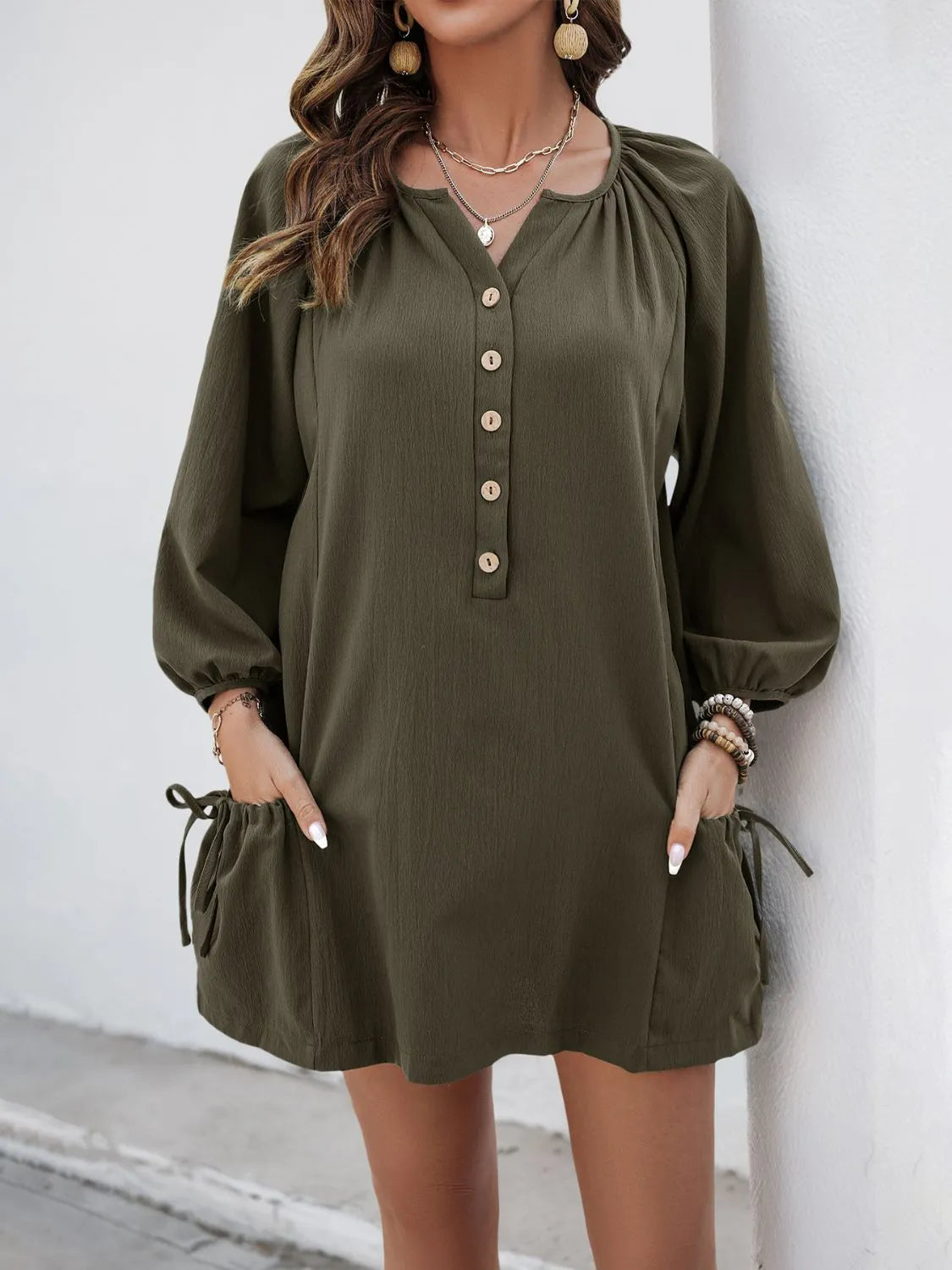 Button Front Balloon Sleeve Dress 