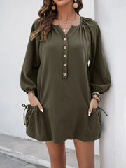 Button Front Balloon Sleeve Dress 