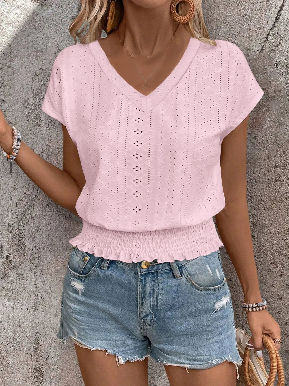 Eyelet V-Neck Short Sleeve Blouse 