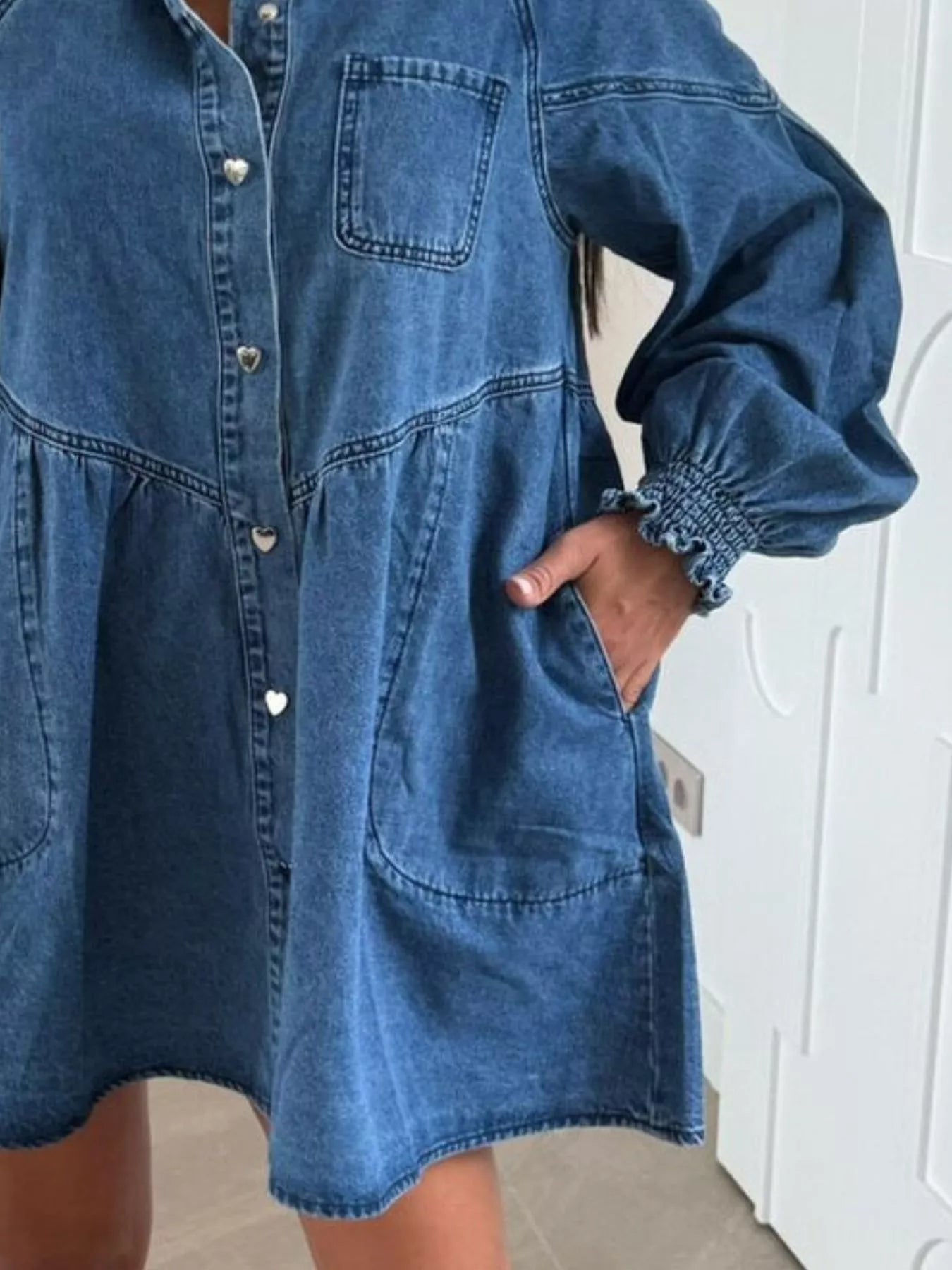 Button Down Mini Denim Dress with Front Pockets 