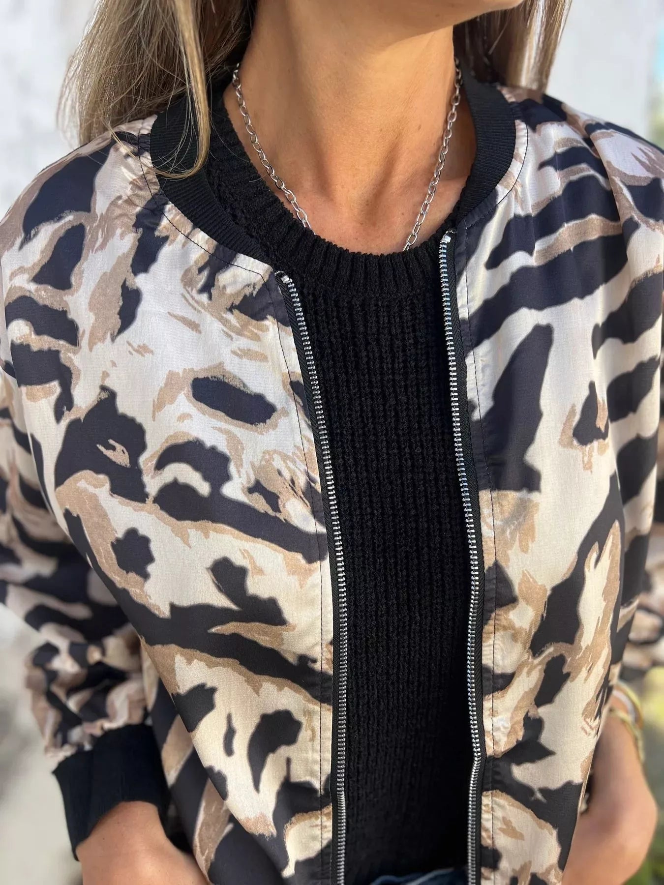 Full Size Zip Up Zebra Print Bomber Jacket Plus Size 