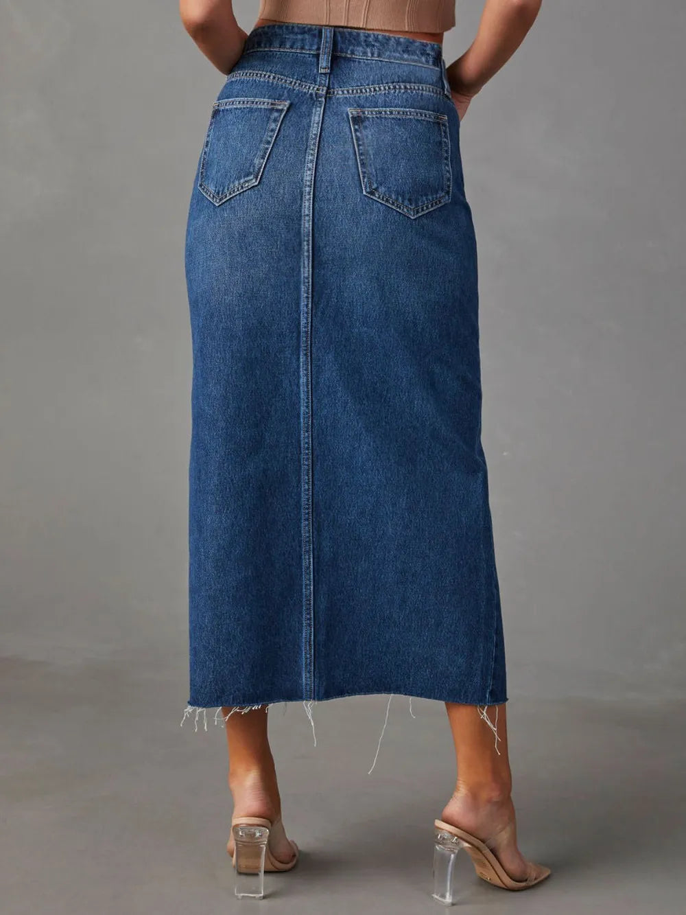 Raw Hem Front Slit Denim Midi Skirt 