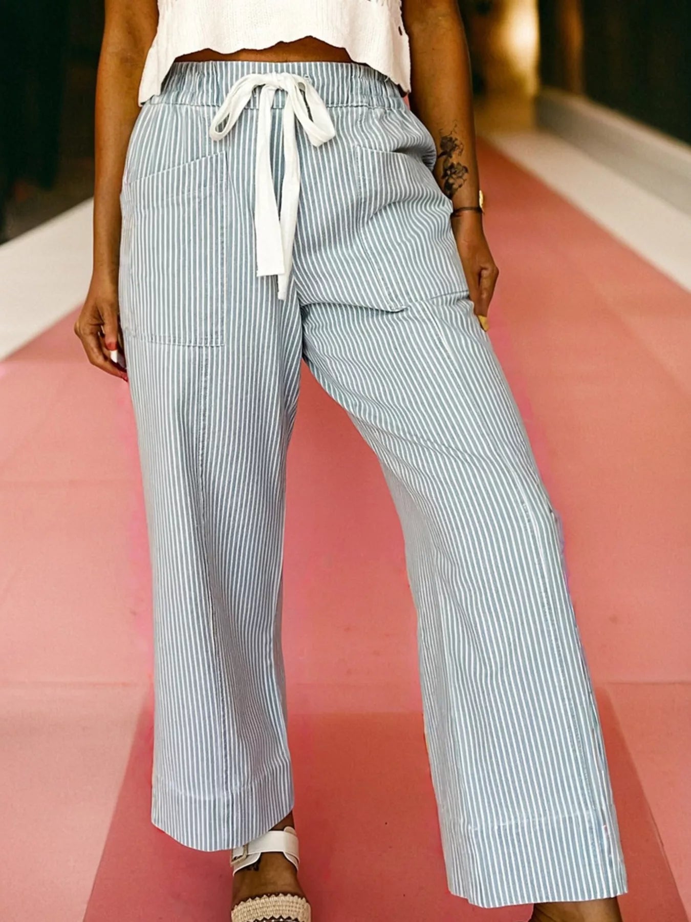 Stripe Mid Rise Drawstring Waist Jeans 