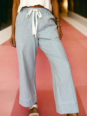 Stripe Mid Rise Drawstring Waist Jeans 