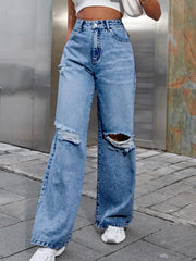 Distressed Wide Leg Jeans with Pockets 