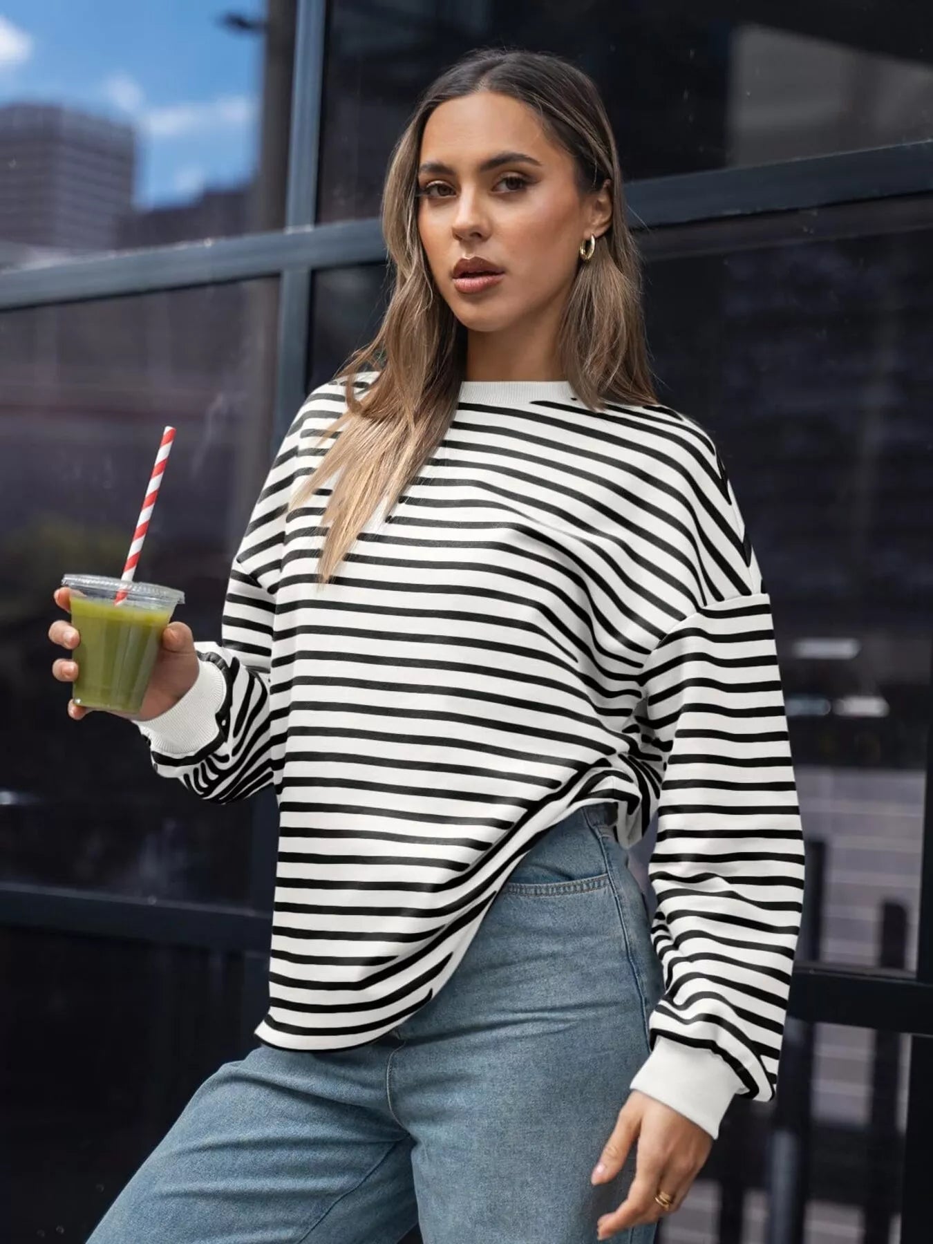 Striped Round Neck Oversized Casual Sweatshirt 