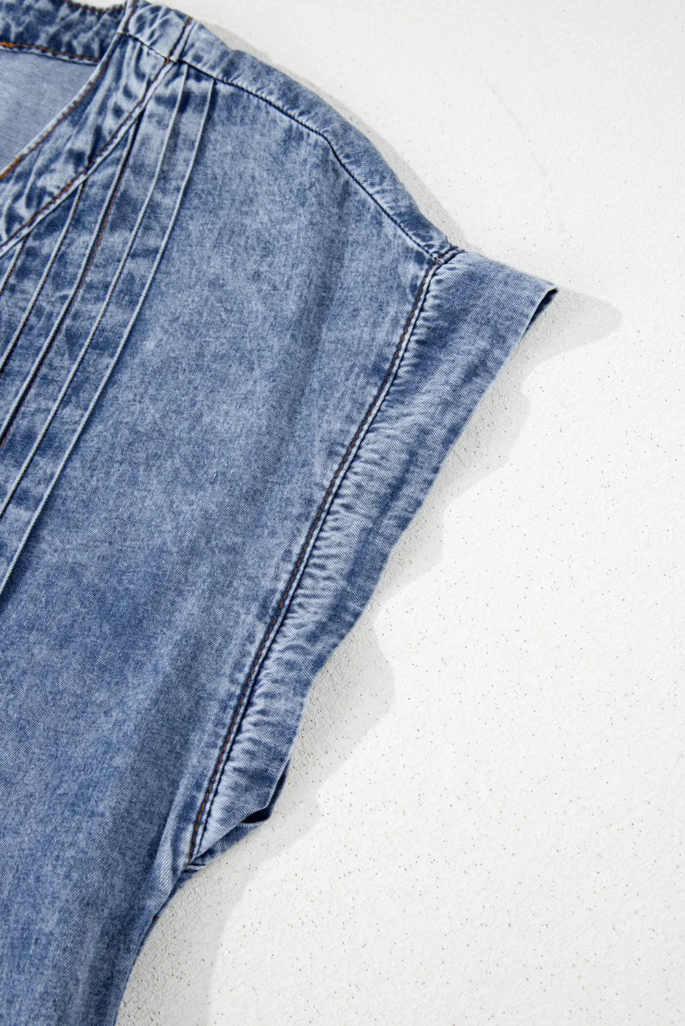 Tie V Neck Tucking Detail Short Sleeve Denim Dress 