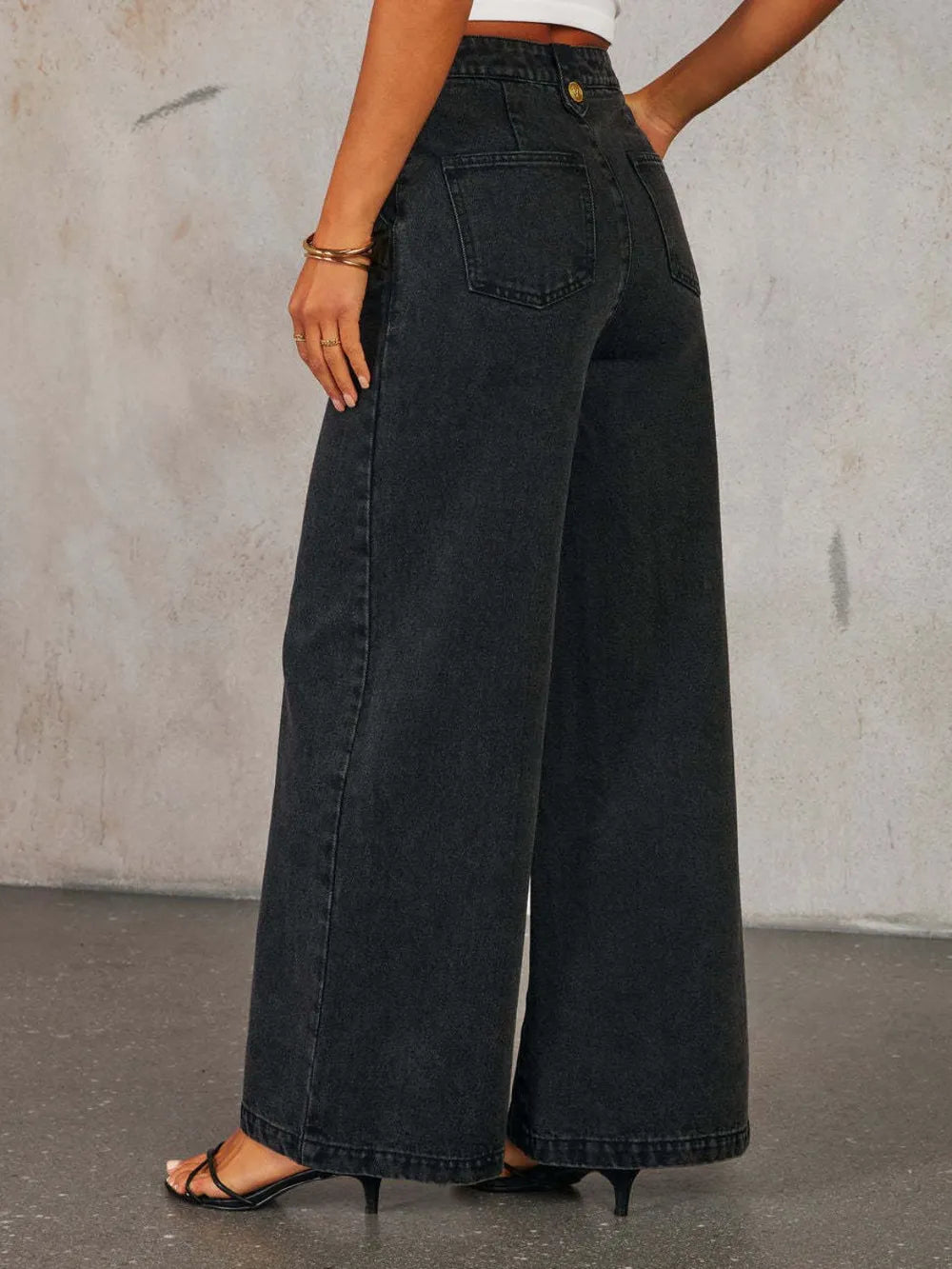 Button Decor High Rise Wide Leg Jeans 