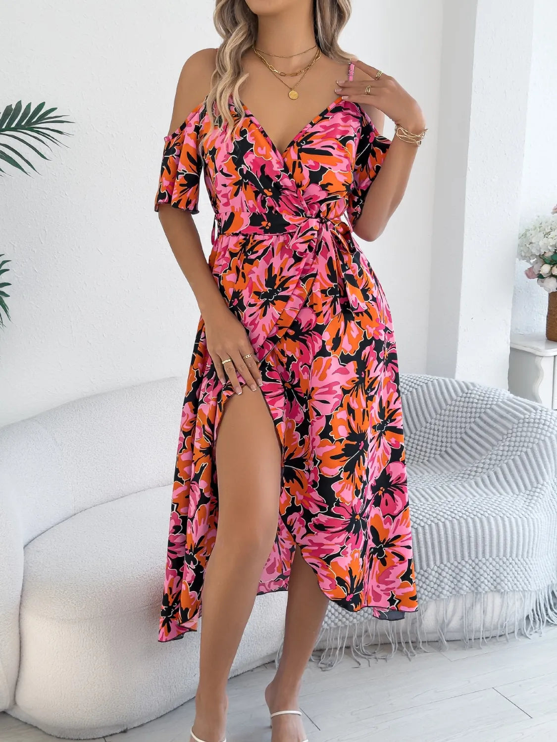 Printed Cold Shoulder Midi Cami Dress 