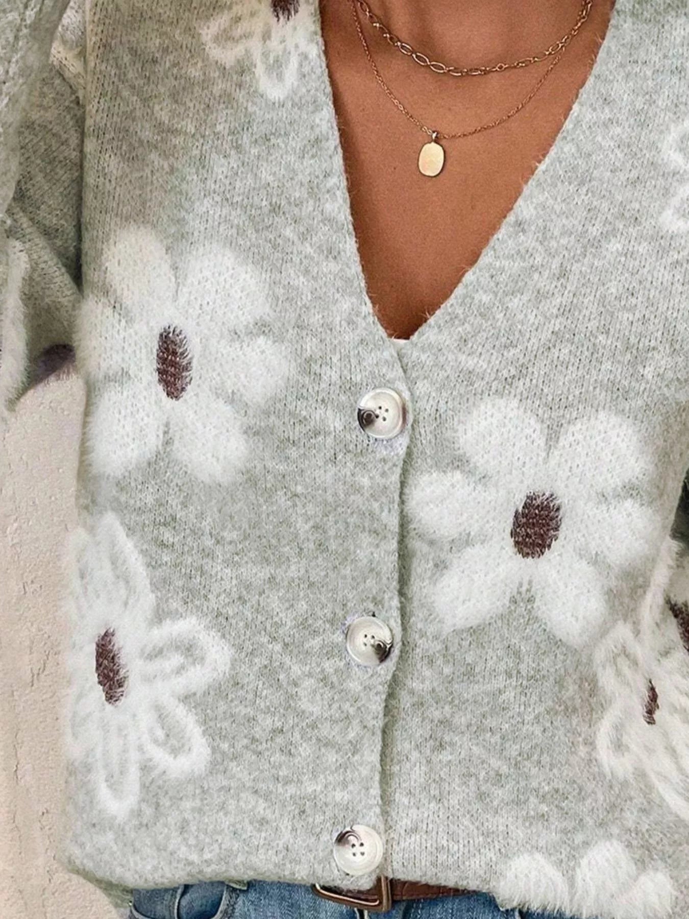Floral Print Button-Up Knit Cardigan 