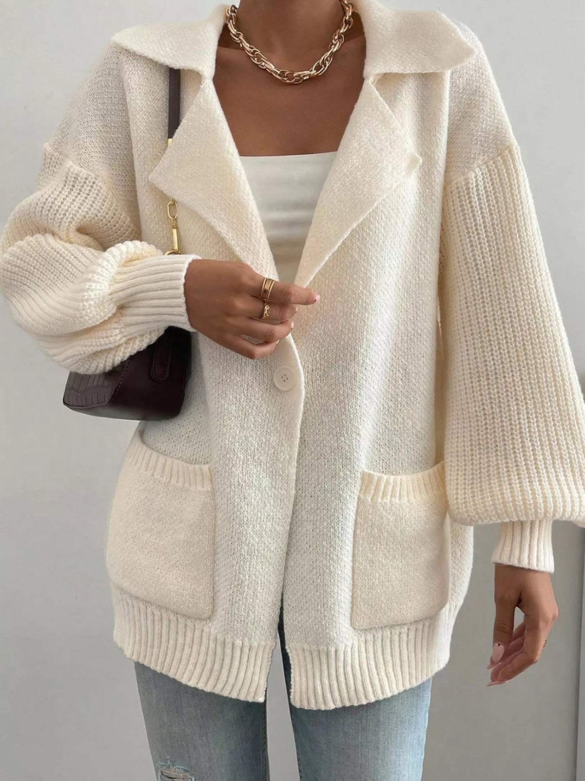 Solid Color Knit Lapel Collar Single Button Sweater Cardigan 