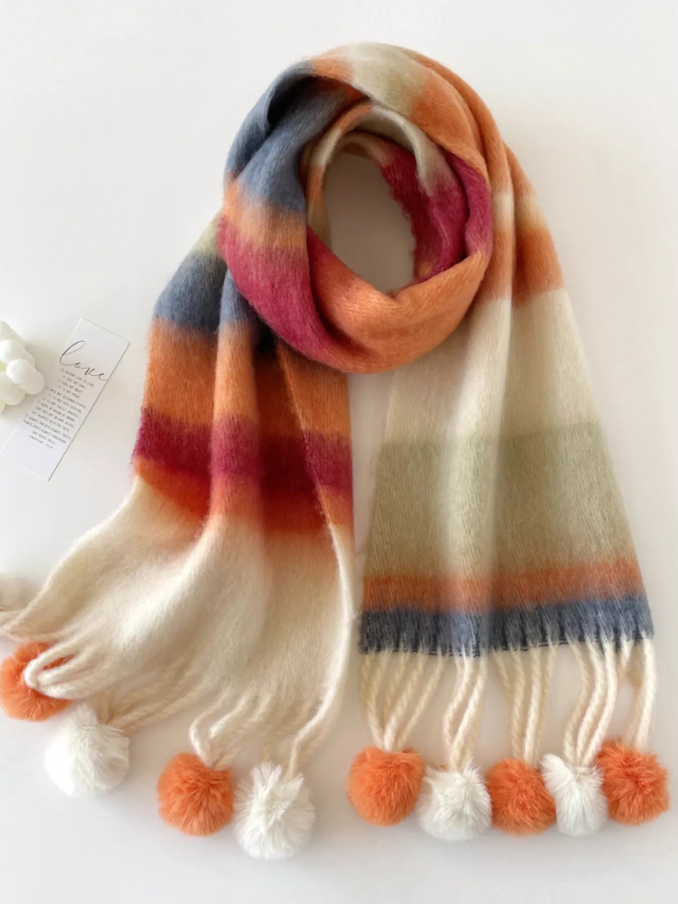 Rainbow Striped Fuzzy Scarf with Pom-Poms 