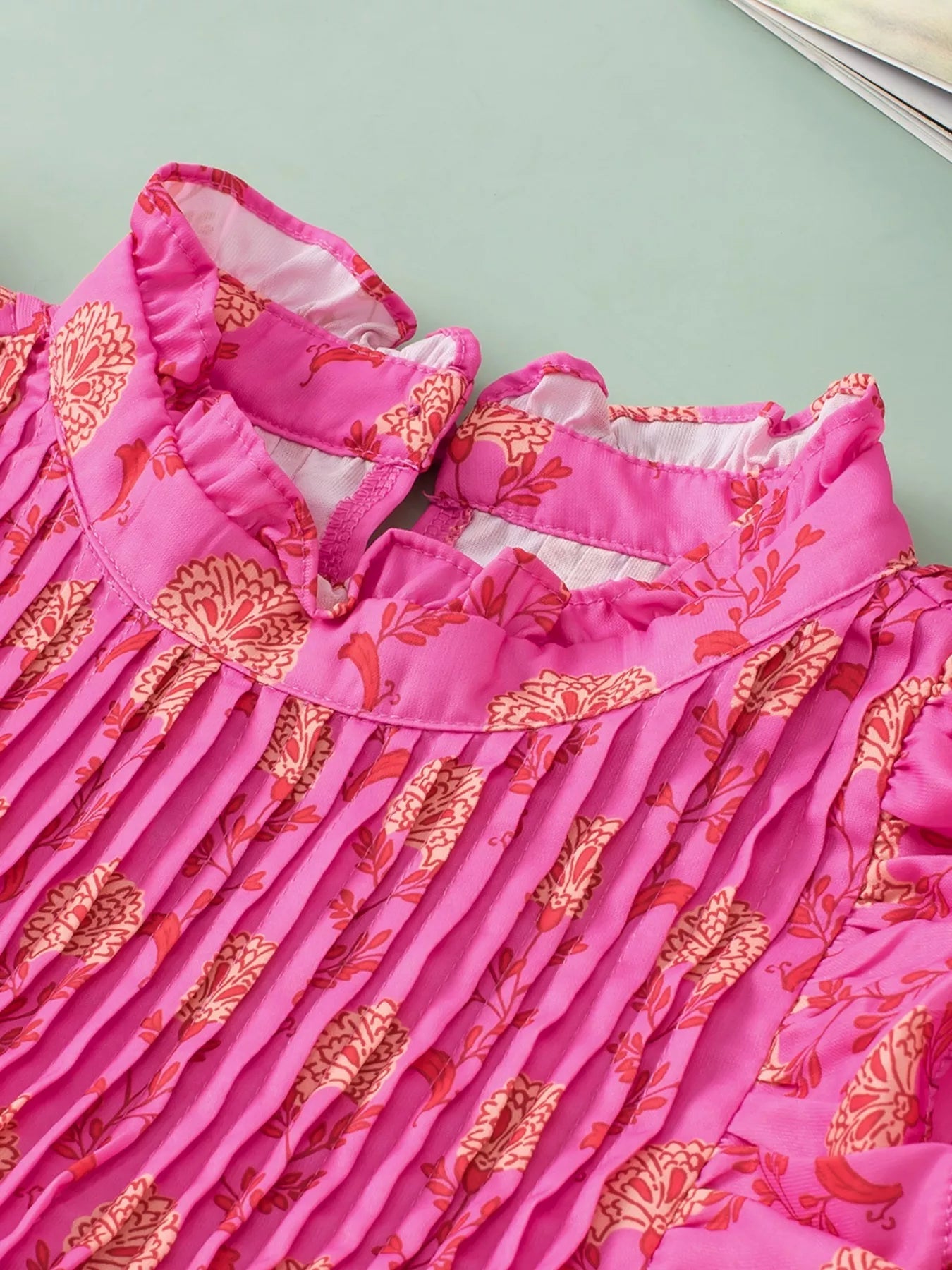 Floral Print Pleated Ruffled Flutter Sleeve Blouse 