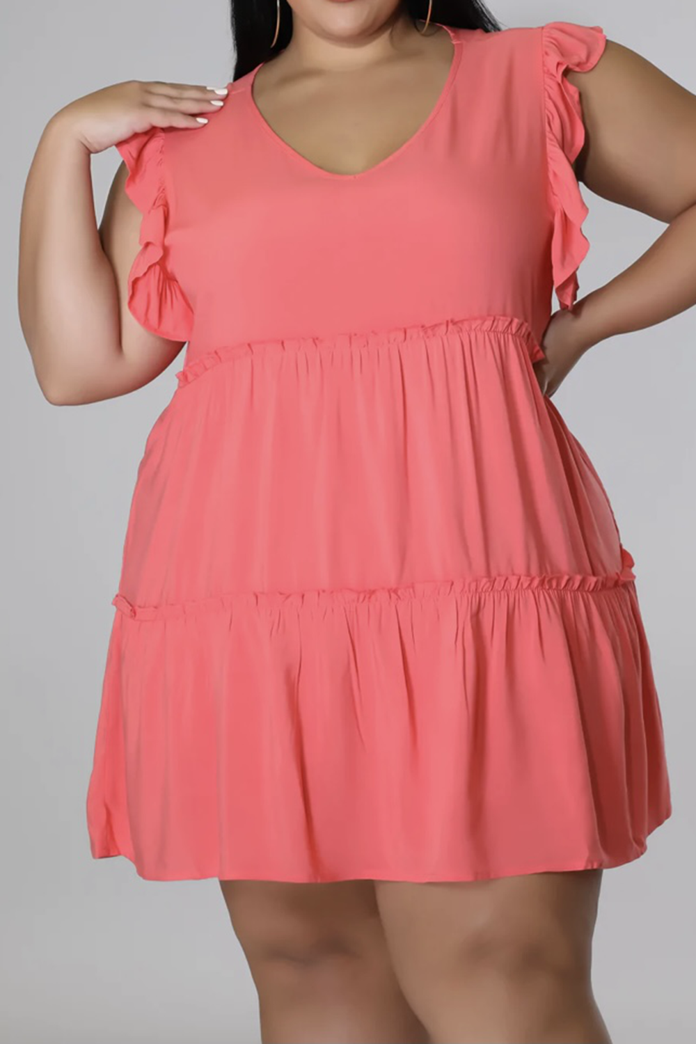 Plus Size V-Neck Frill Trim Mini Dress 