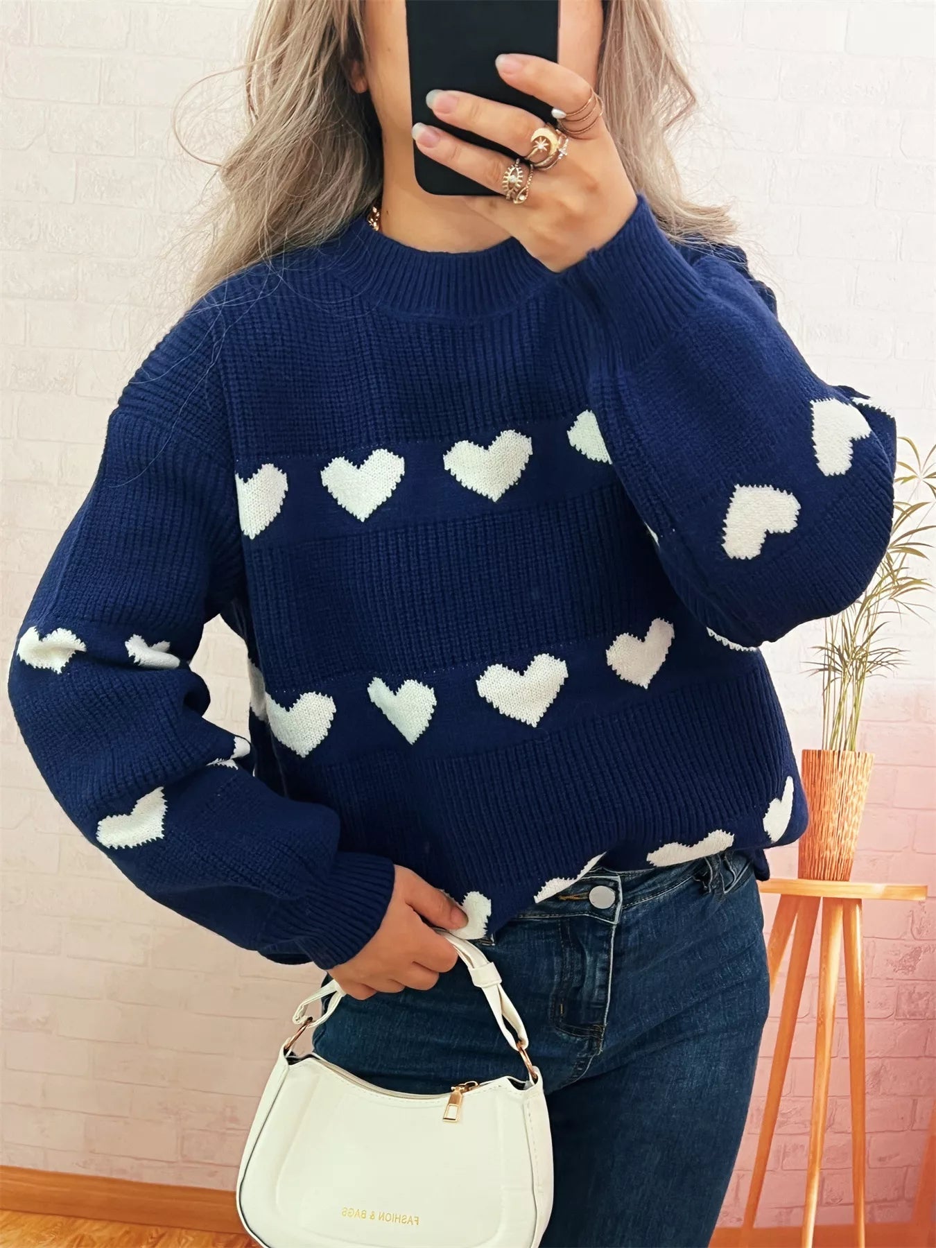 Heart Pattern Dropped Shoulder Sweater 