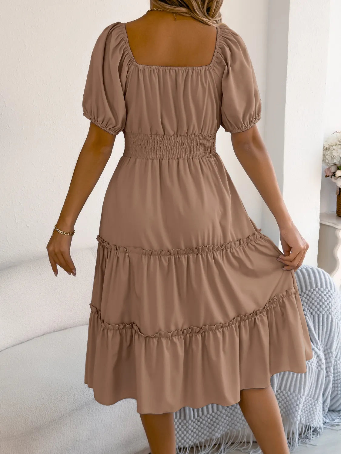 Square Neck Short Puff Sleeve Dress 