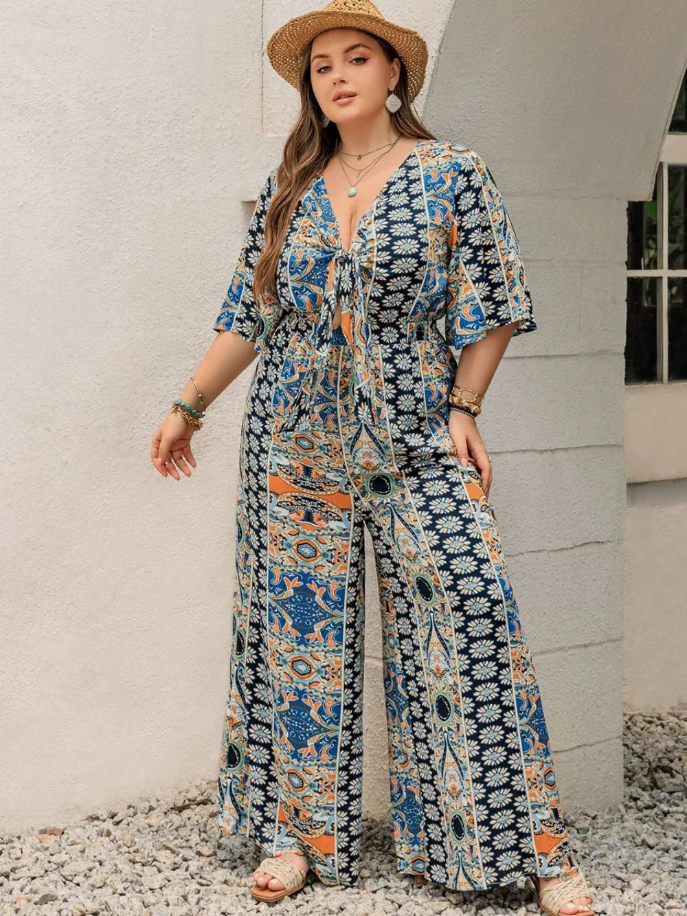 Plus Size Printed Half Sleeve Wide Leg Jumpsuit 