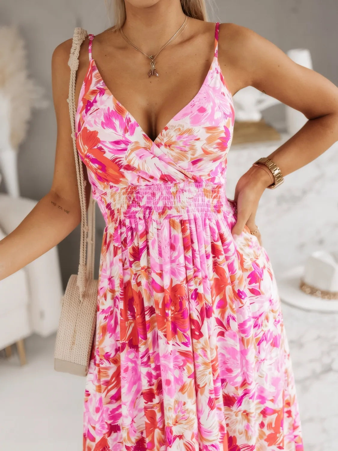 Smocked Printed Surplice Maxi Cami Dress 