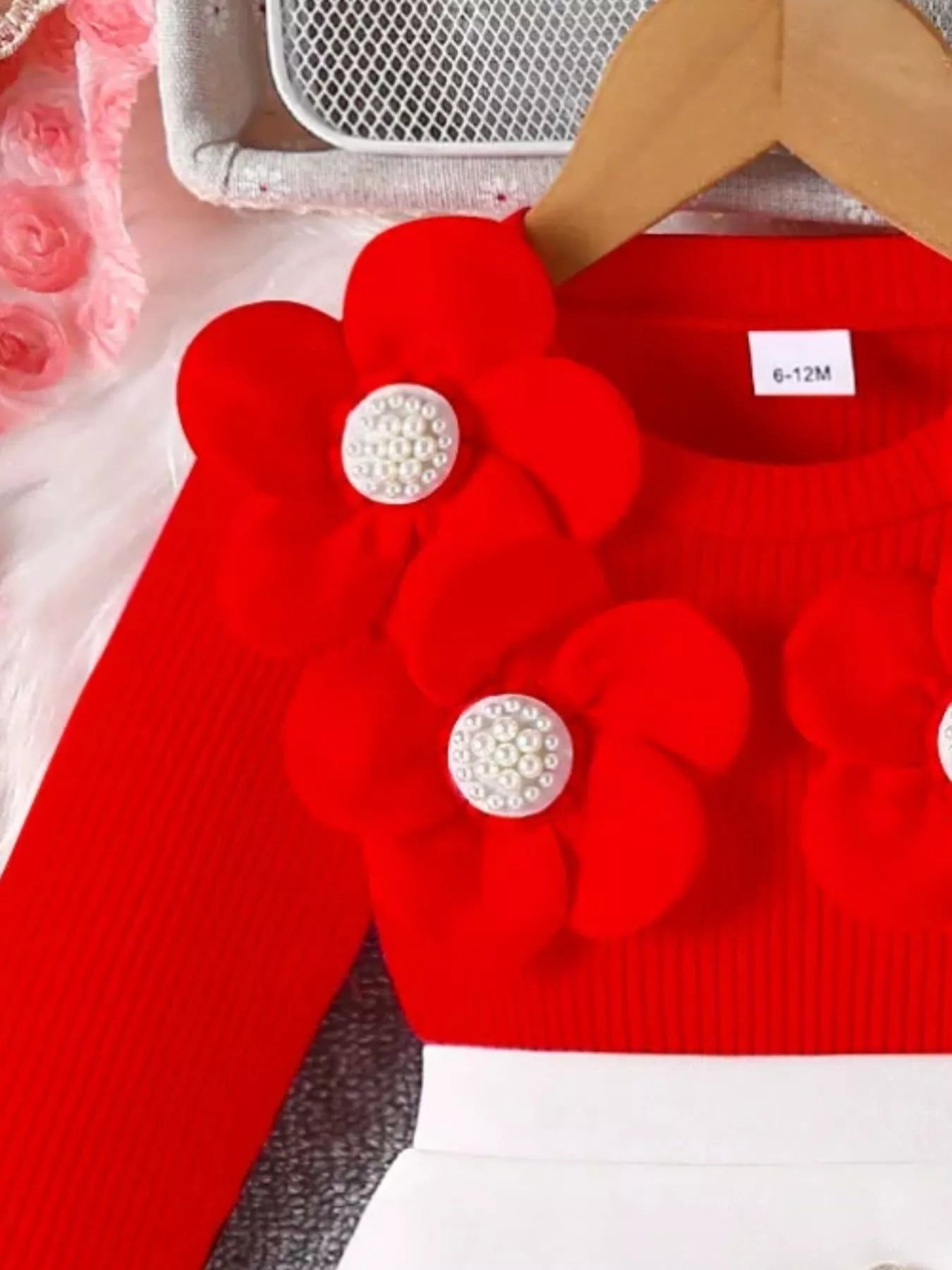 Children's Floral Applique Ribbed Top & Button Decor Skirt Set 