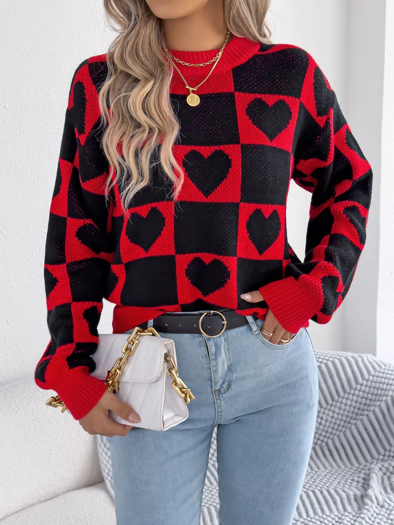 Heart Checkerboard Pattern Round Neck Sweater 
