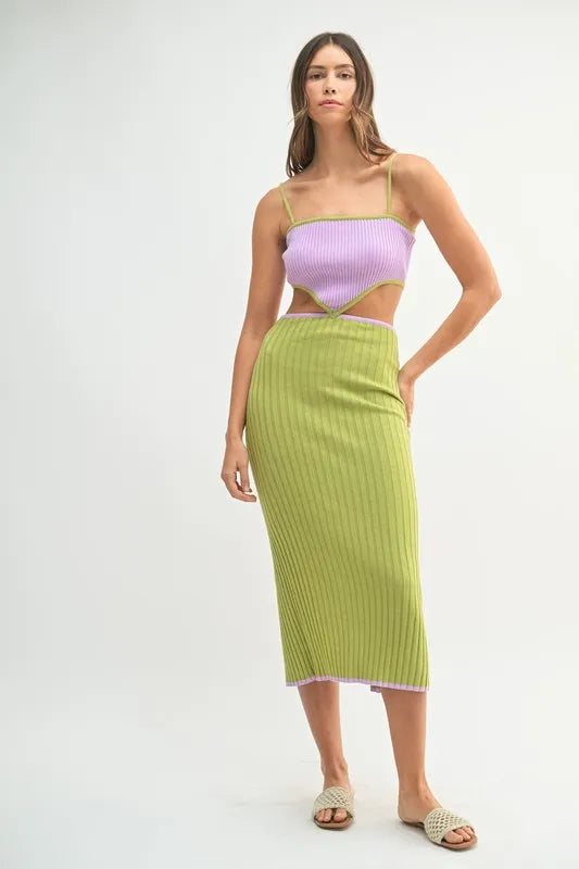 MABLE Ribbed Knit Color Block Cutout Midi Dress 