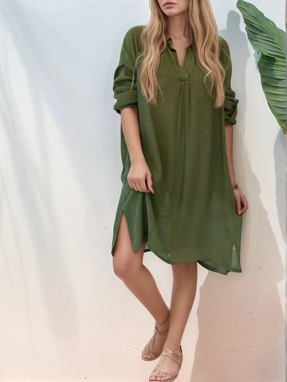 Full Size Side Slit Roll-Tab Sleeve Mini Shirt Dress Plus Size 