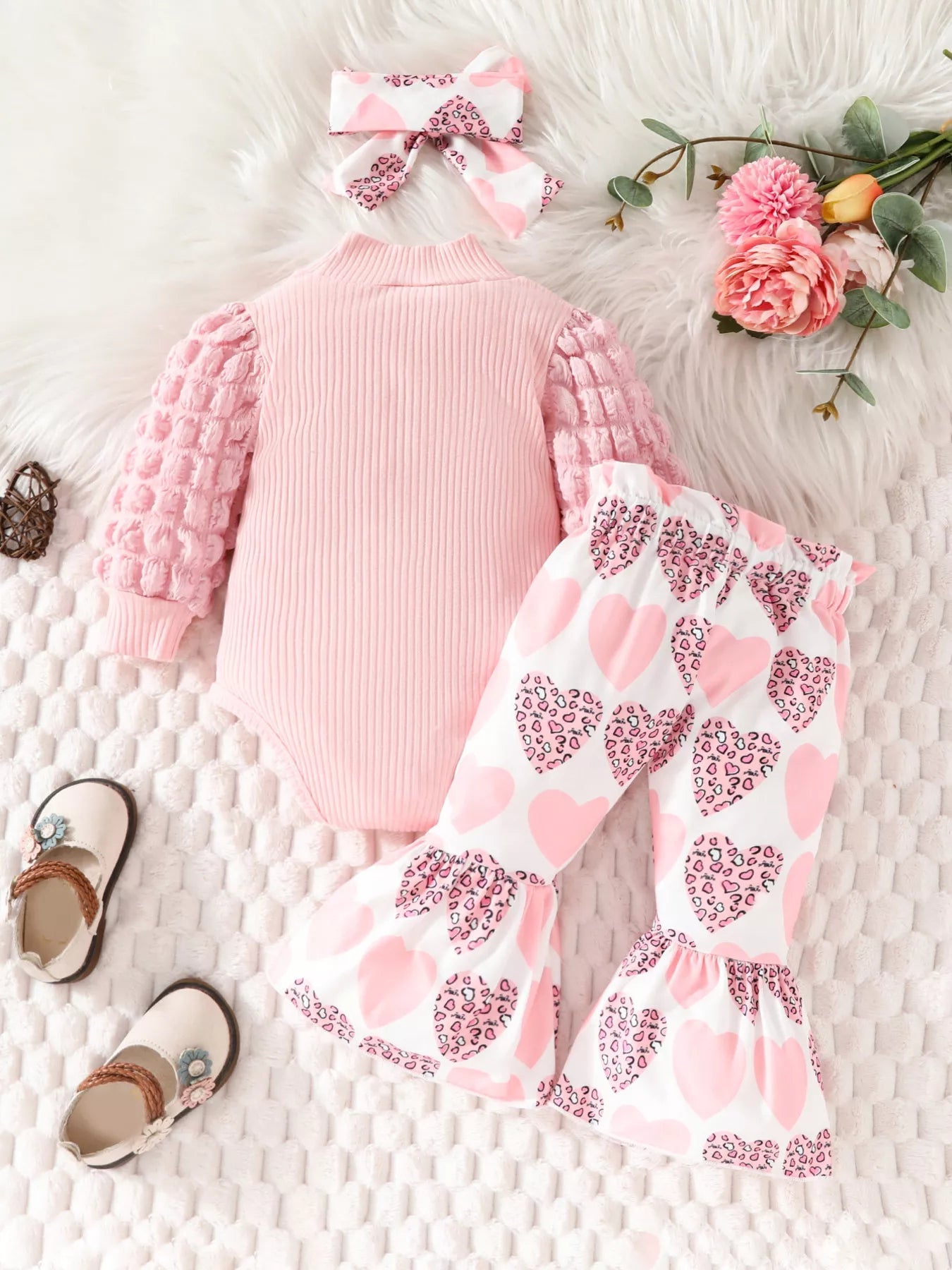 Children's Bubble Texture Long Sleeve Top and Pants Set with Headband 