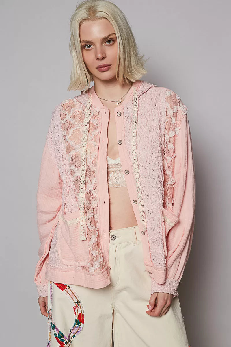 POL Exposed Seam Button Down Hooded Jacket with Lace Detail 