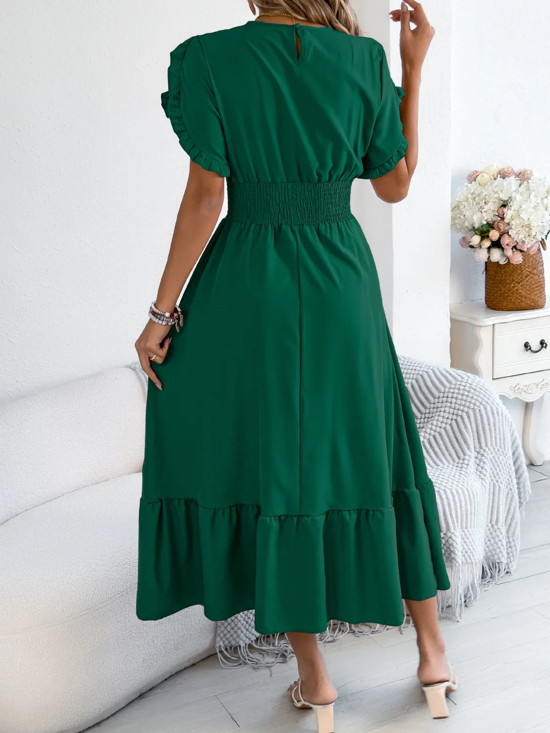 Smocked Frill Round Neck Midi Dress 