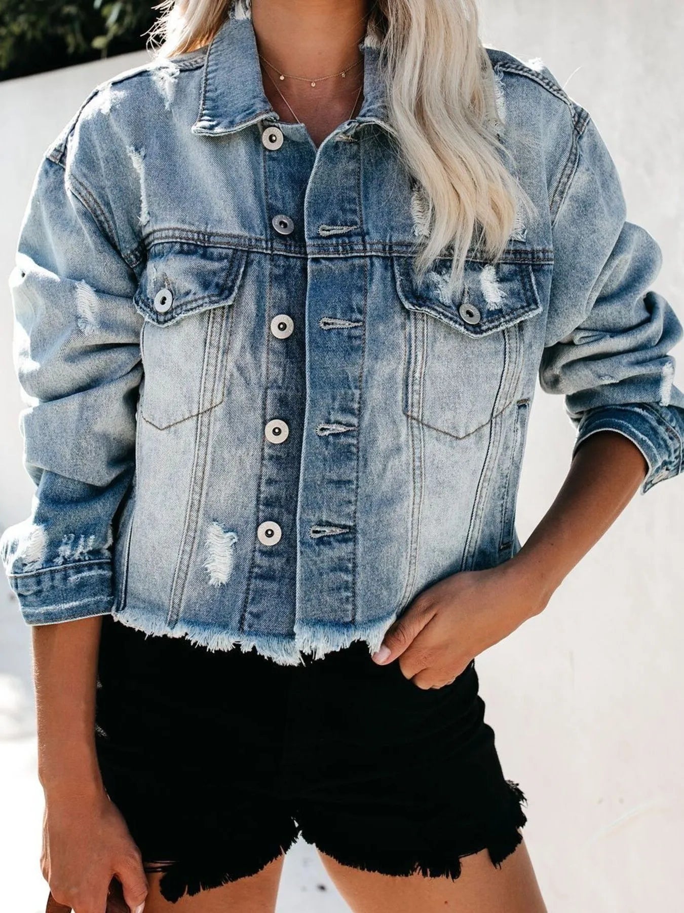 Distressed Raw Hem Denim Jacket 
