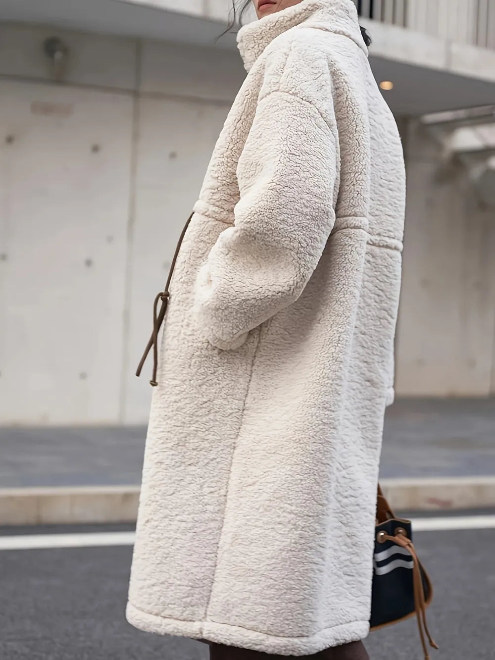 Plus Size Drawstring Zip Up Turtleneck Sherpa Coat 