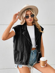 Pocketed Button Up Sleeveless Denim Jacket 