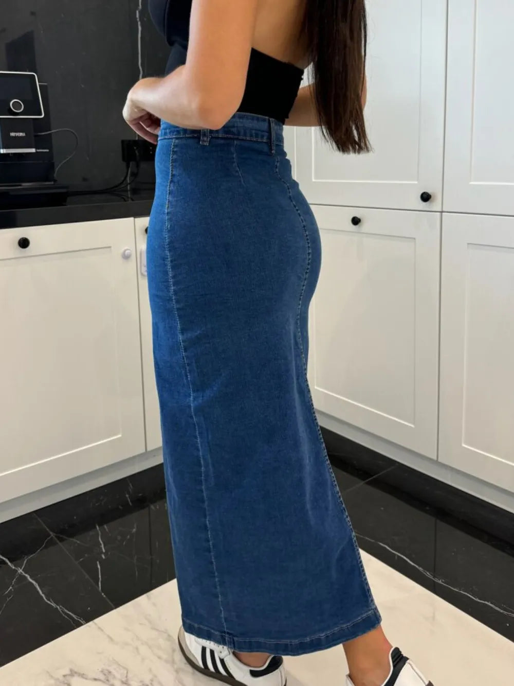 Front Button Slit Midi Denim Skirt 