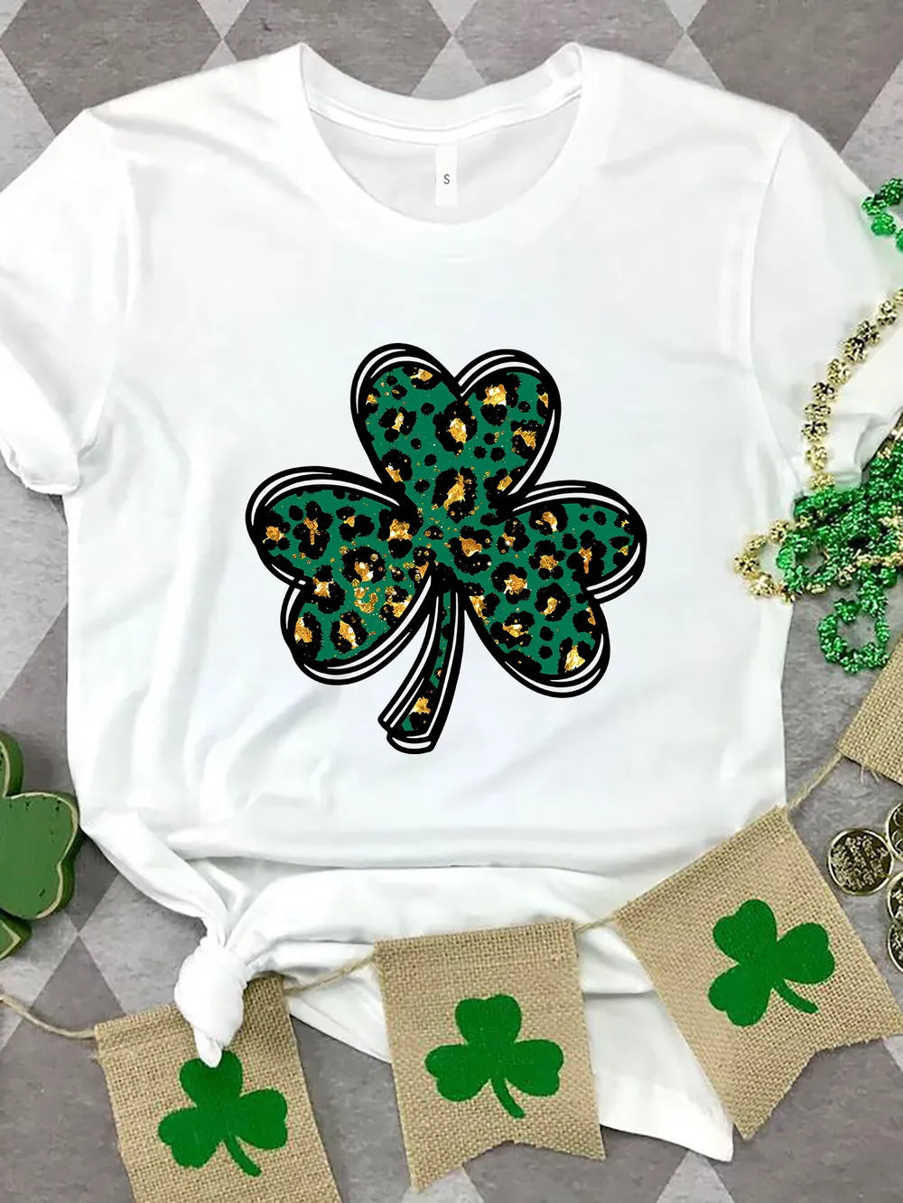 Lucky Clover Round Neck Short Sleeve T-Shirt 