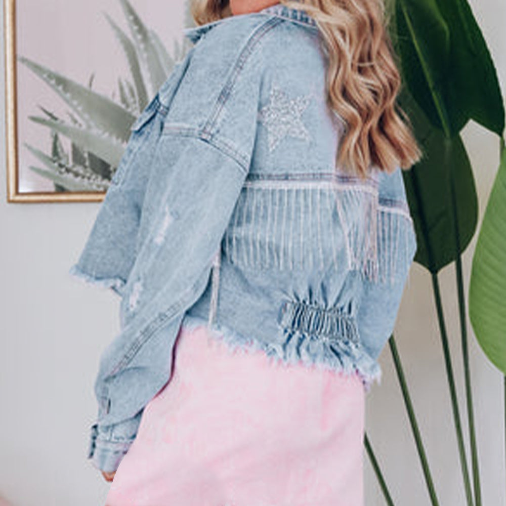 Distressed Raw Hem Denim Jacket 