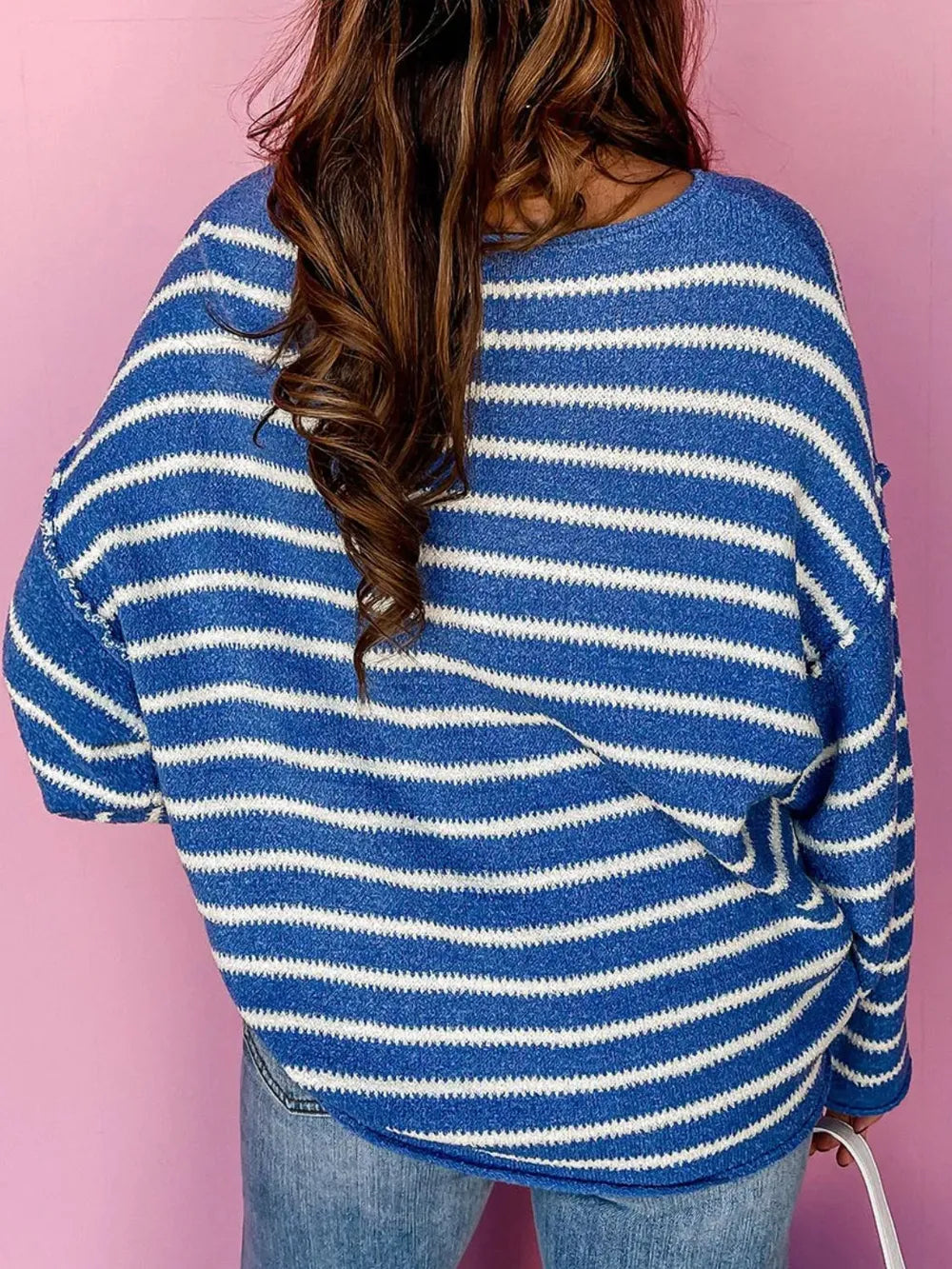 Plus Size Striped Round Neck Dropped Shoulder Sweater 