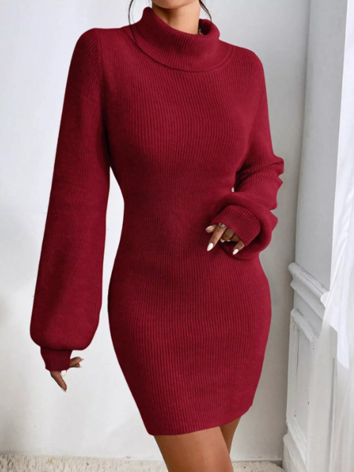 Turtleneck Ribbed Knit Sweater Dress 