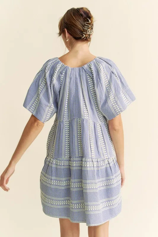 Davi & Dani Embroidered Stripe Ruffled Gingham Mini Dress 