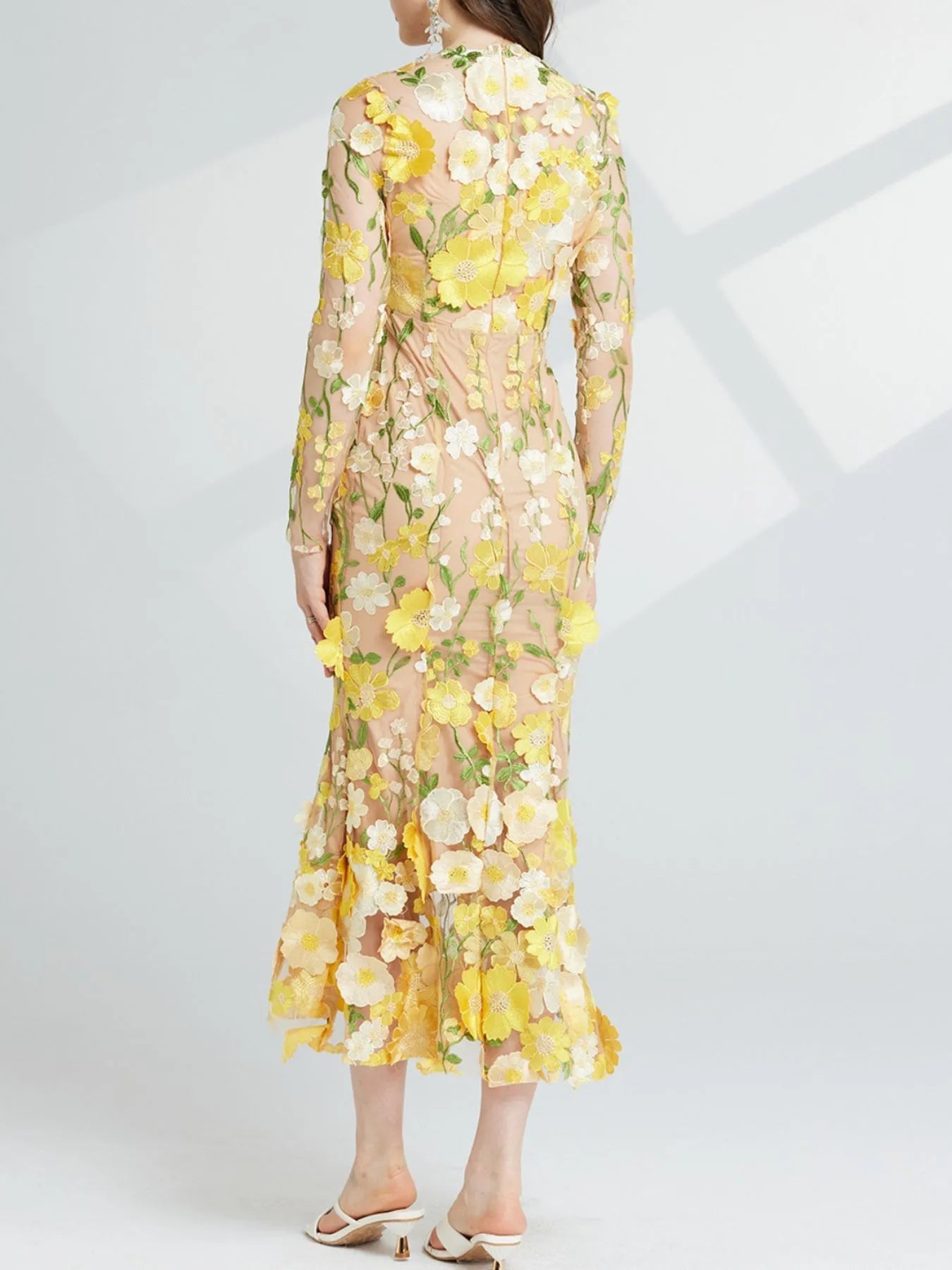 Floral Embroidered Mesh Long Sleeve Midi Dress 
