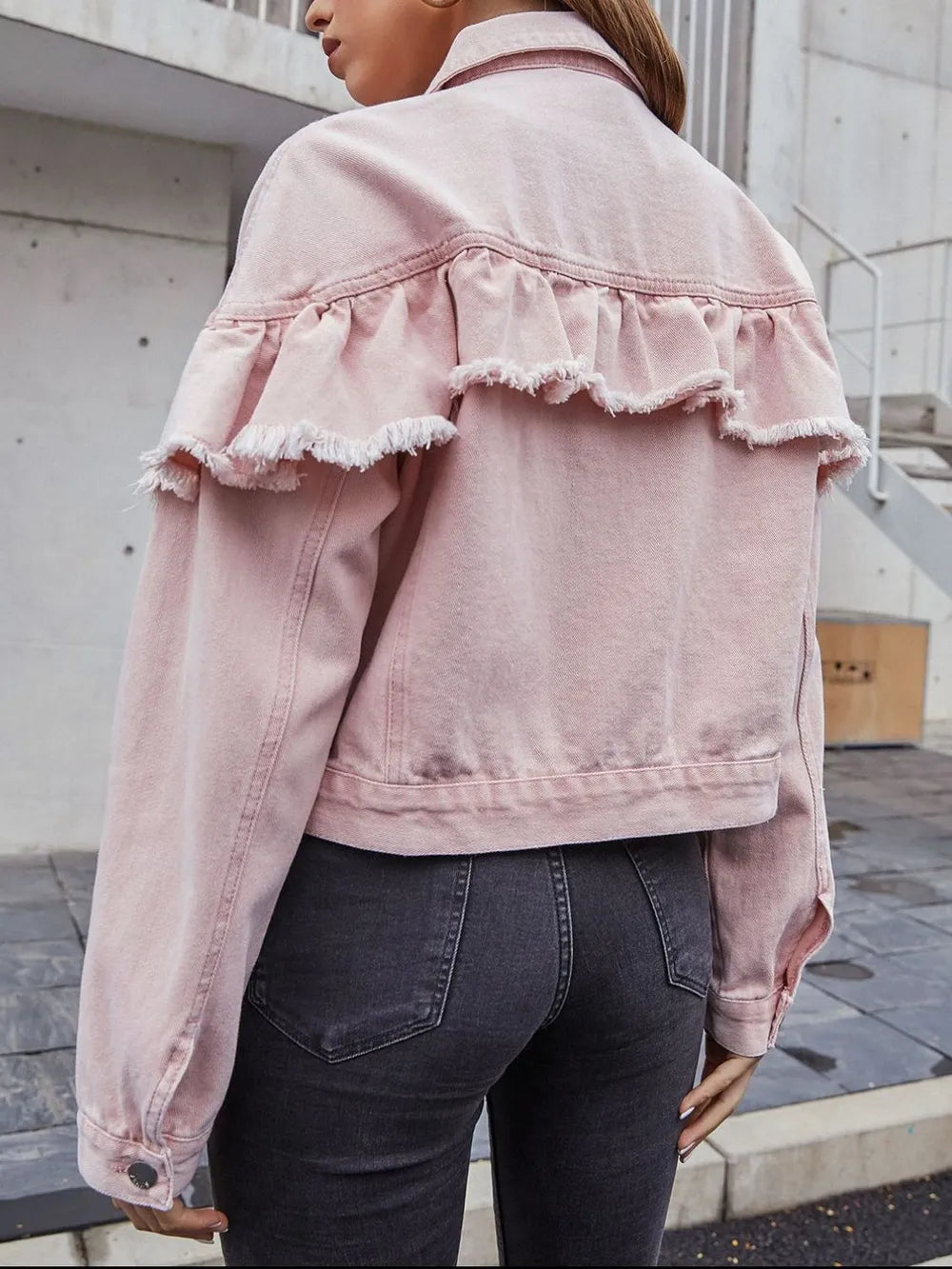 Ruffled Collared Neck Long Sleeve Denim Top 