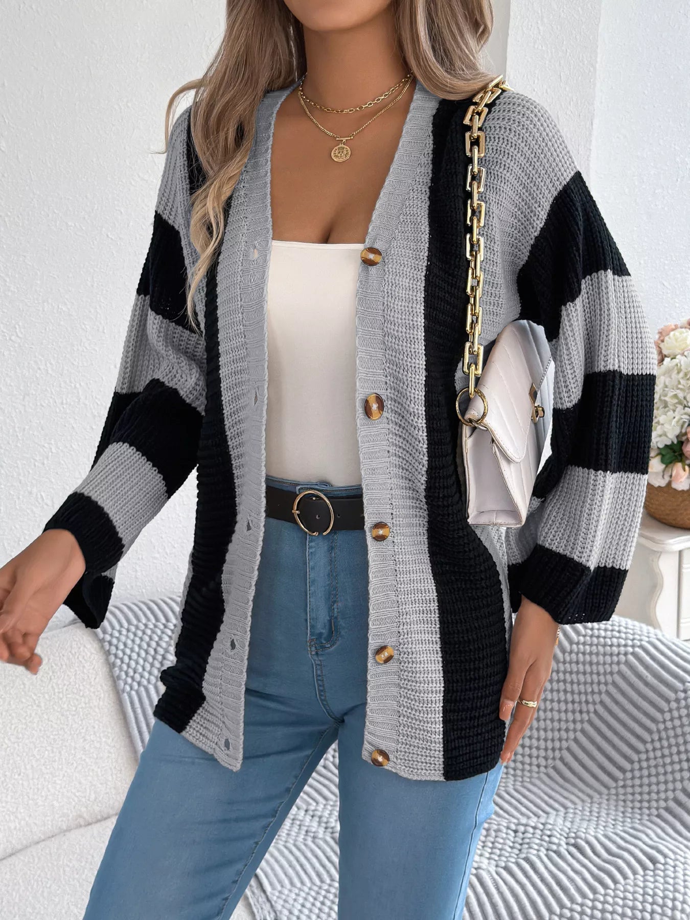 Color Block Button-Up Cardigan 