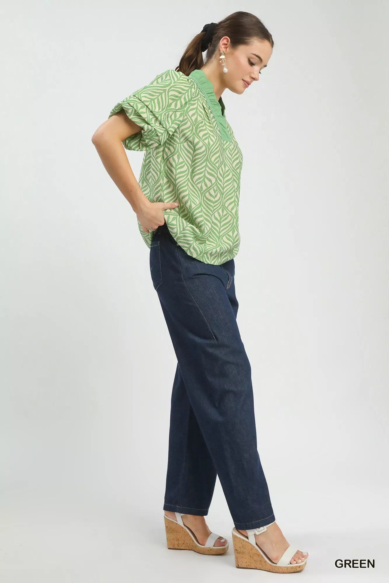 Umgee Printed Puff Sleeve Ruffle Neck Top 
