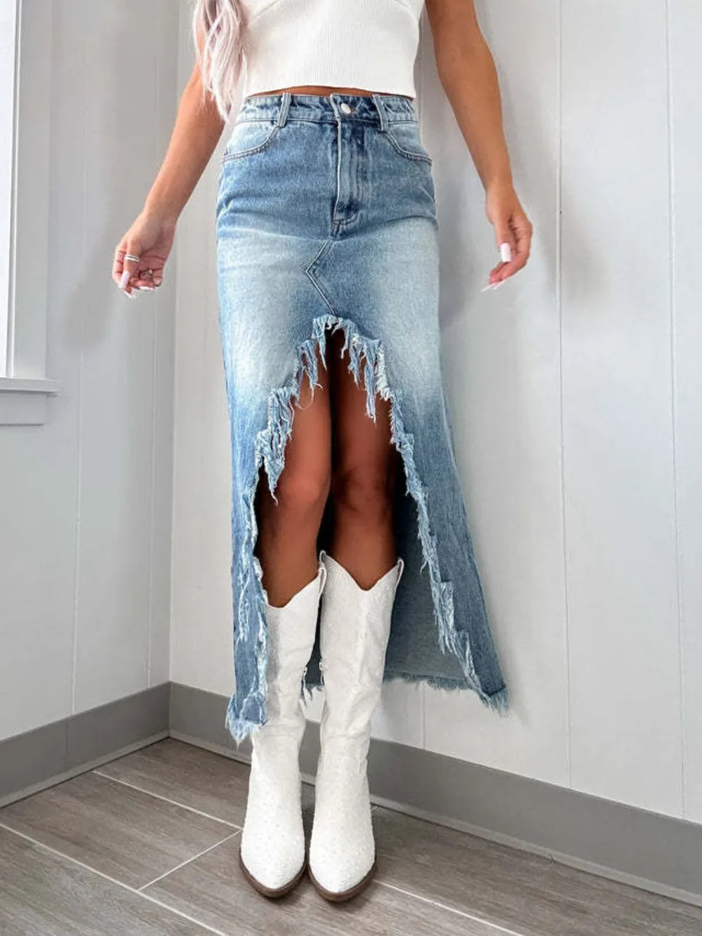 High-Waist Raw Hem Asymmetry Denim Skirt 