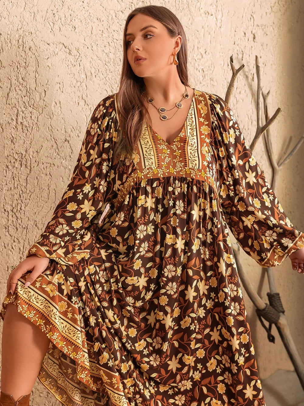 Plus Size Printed V-Neck Balloon Sleeve Dress 