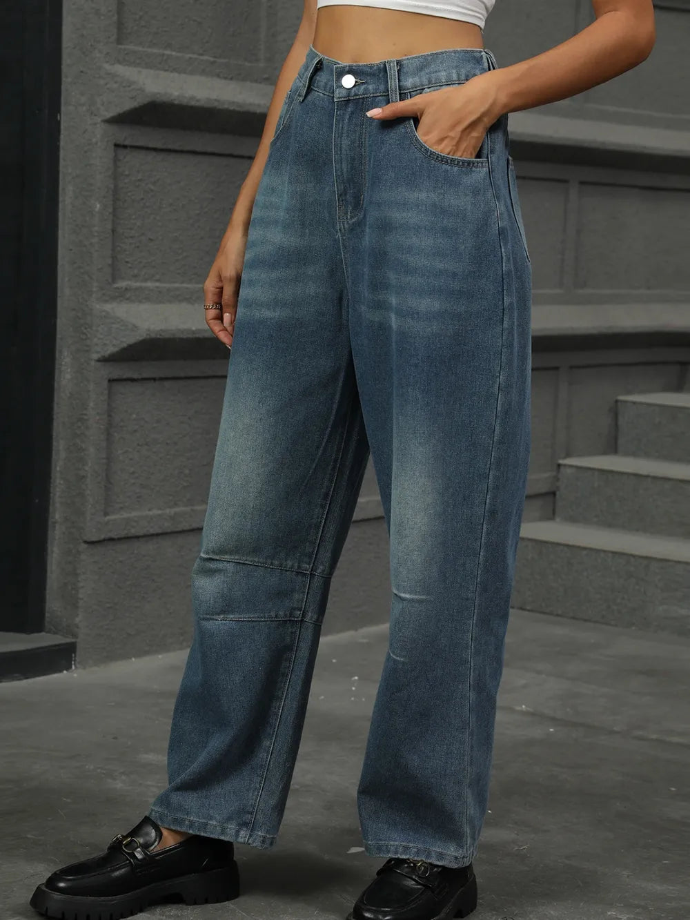 Half Elastic Waist Straight Leg Jeans 