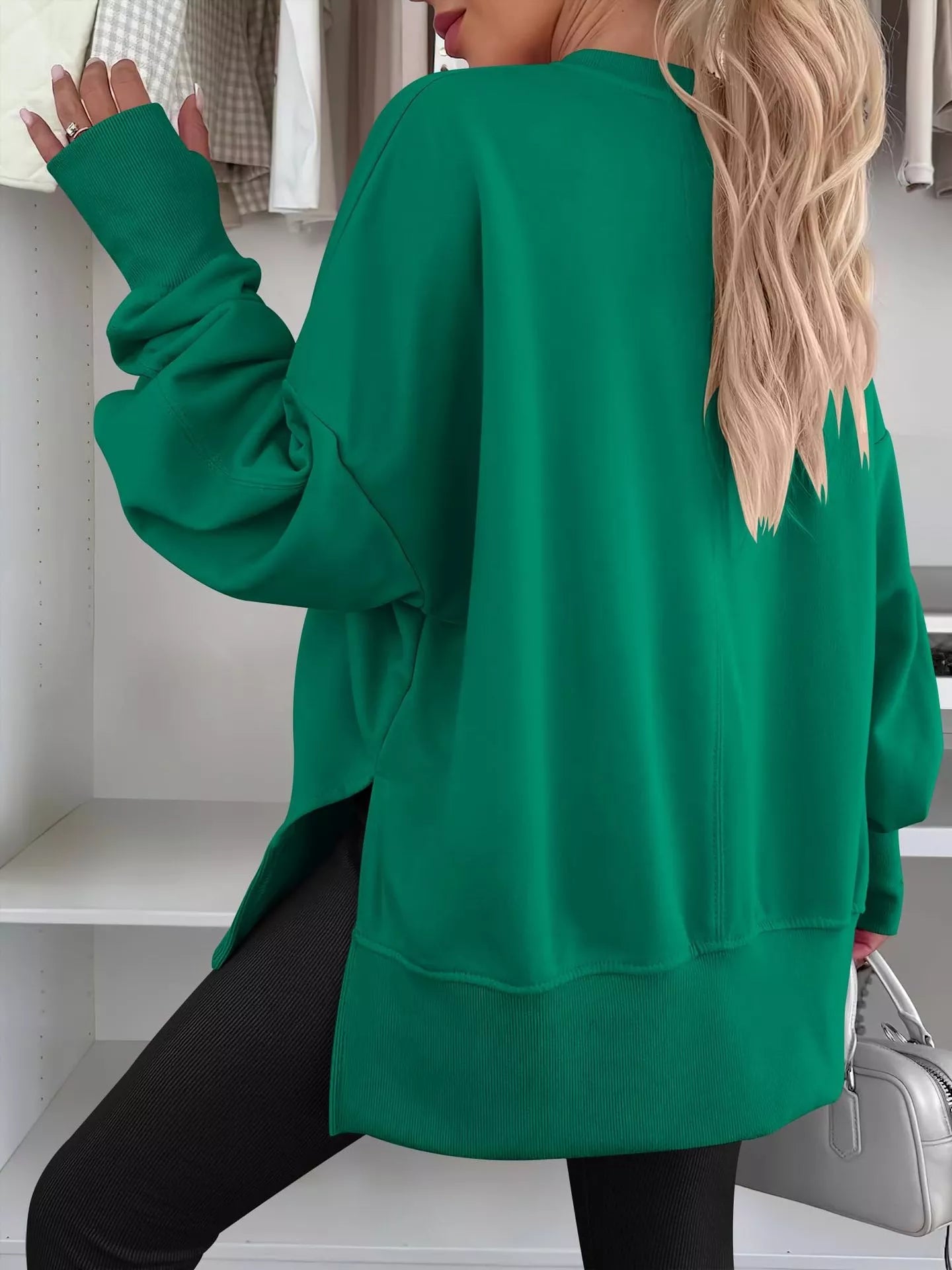 Side Slit Round Neck Long Sleeve Sweatshirt 