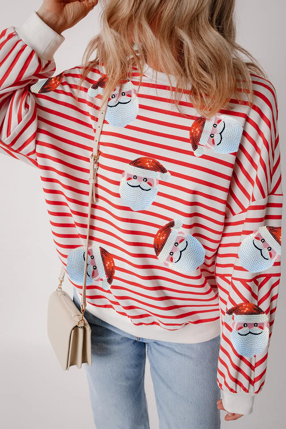 Sequin Santa Striped Round Neck Long Sleeve Sweatshirt 