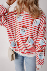 Sequin Santa Striped Round Neck Long Sleeve Sweatshirt 
