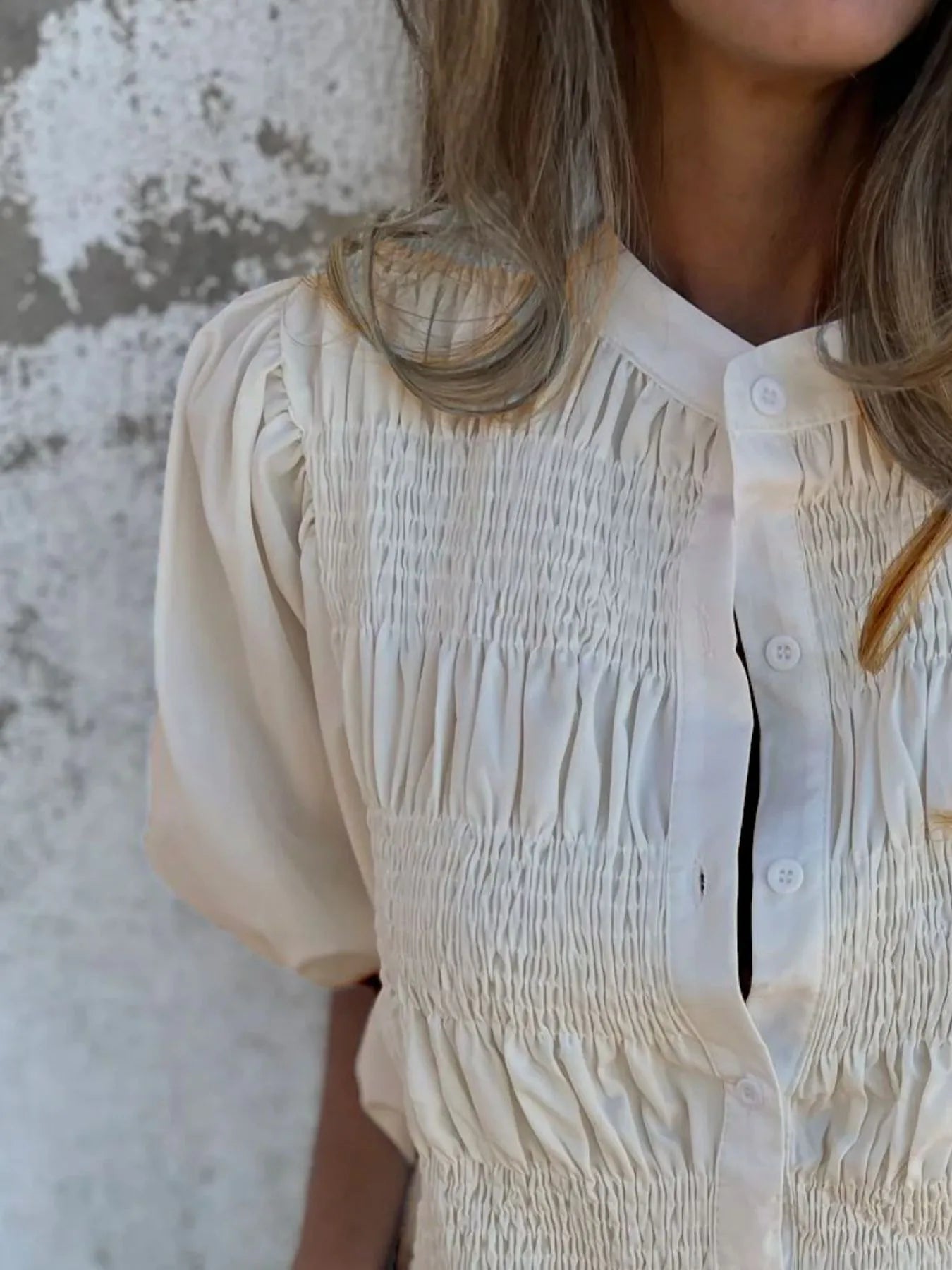 Full Size Smocked Button Front Puff Sleeve Shirt Plus Size 